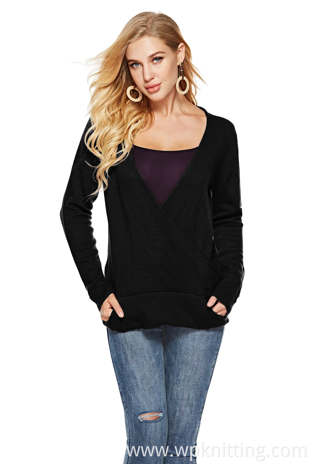 Sexy V-Neck Sweater Plus Size Apparel Women Long-Sleeved Pullover Knitwear